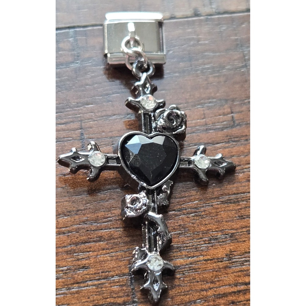 Gothic Black Heart Cross Rose Dangle Italian Charm Stainless Steel Link Jewelry